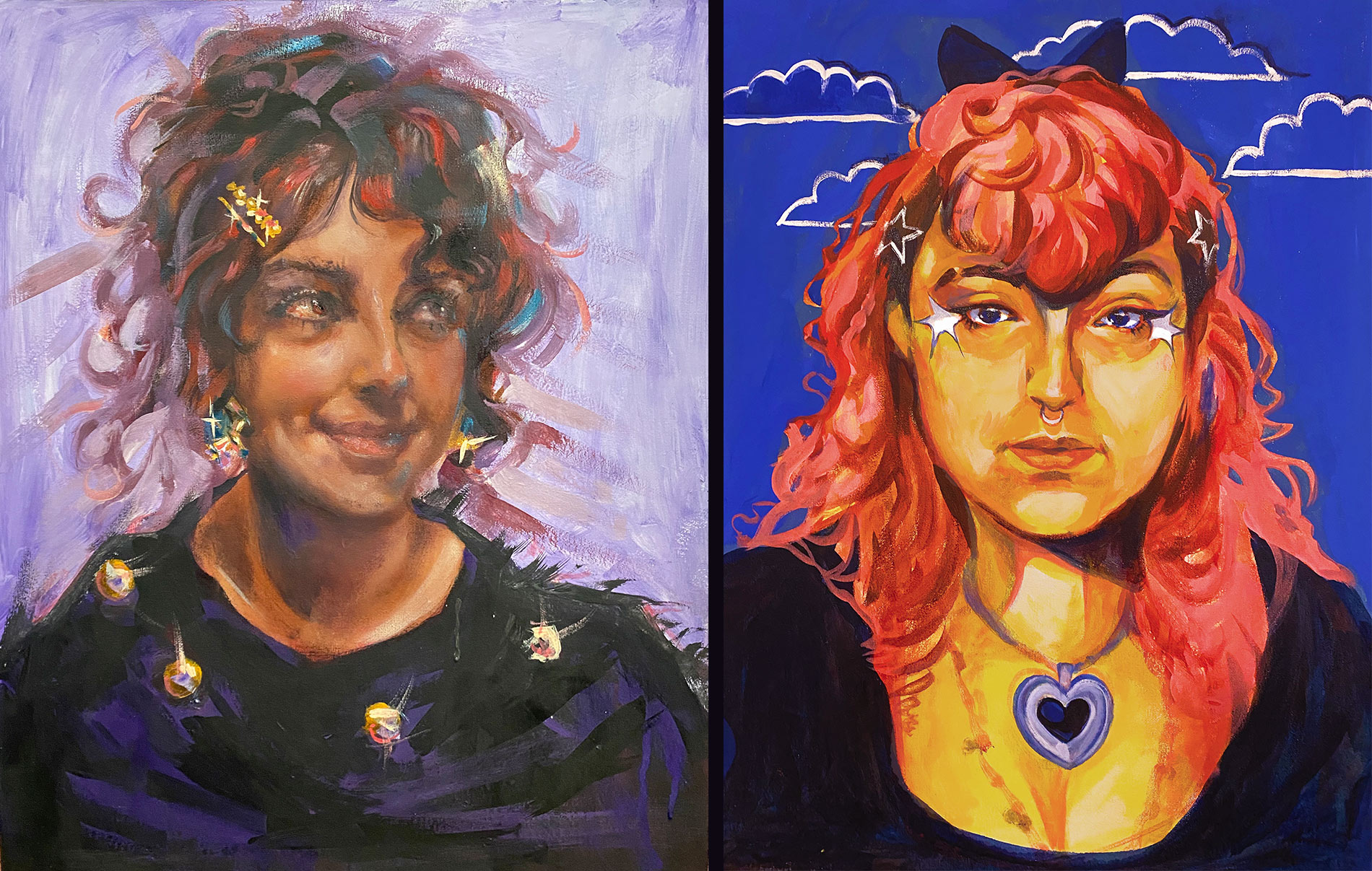 An oil painted portrait alongside an acrlyic self-portrait.